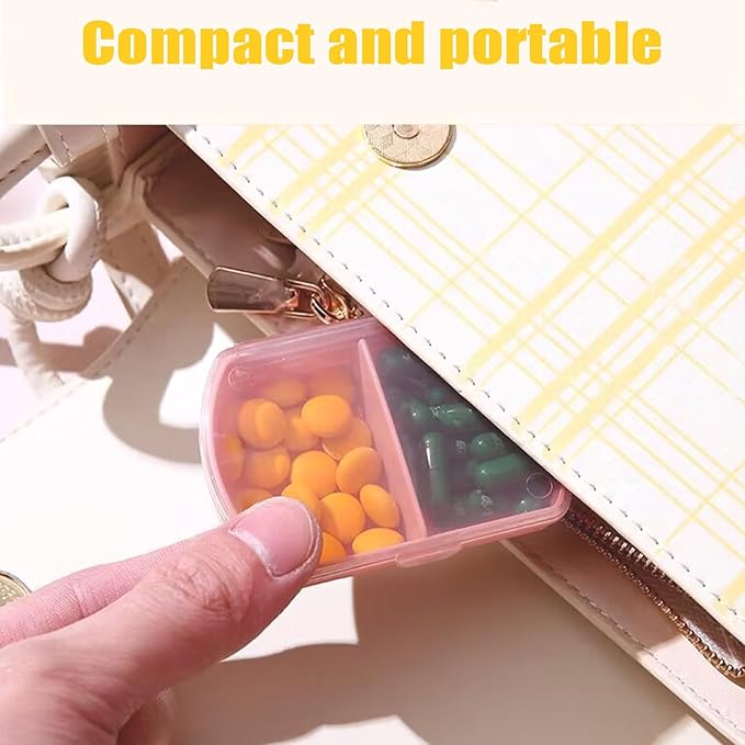2PCS Small Pill Case Travel Pill Box Cute Pill Organizer for Purse Portable Daily Medicine Organizer 2 Compartment Pill Holder for Vitamins, Fish Oil, Supplements