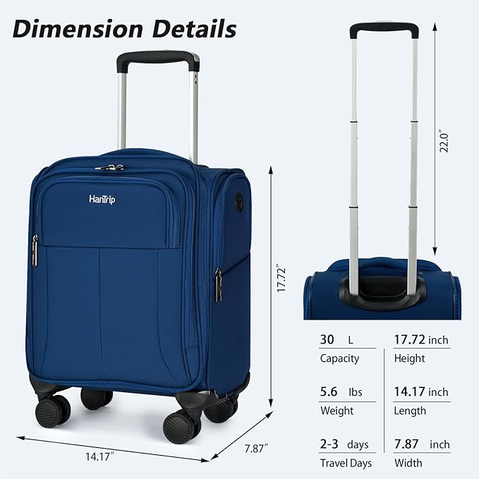 16 Inch Underseat Carry On Luggage with Wheels Softside Small Suitcases Personal Item Bag with Pocket Travel Luggage for Men Women Business Overnight Bag(Blue)