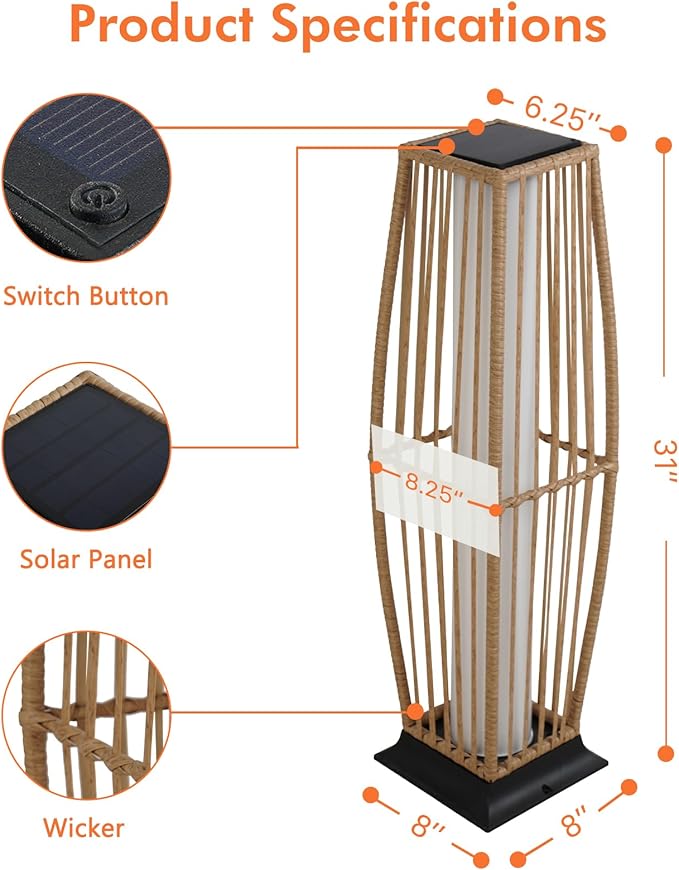 Grand patio 2-Piece Outdoor Floor Lamp Solar Powered Lantern Waterproof Wicker Boho Deck Lights for Garden Porch Decor, Large Taurus
