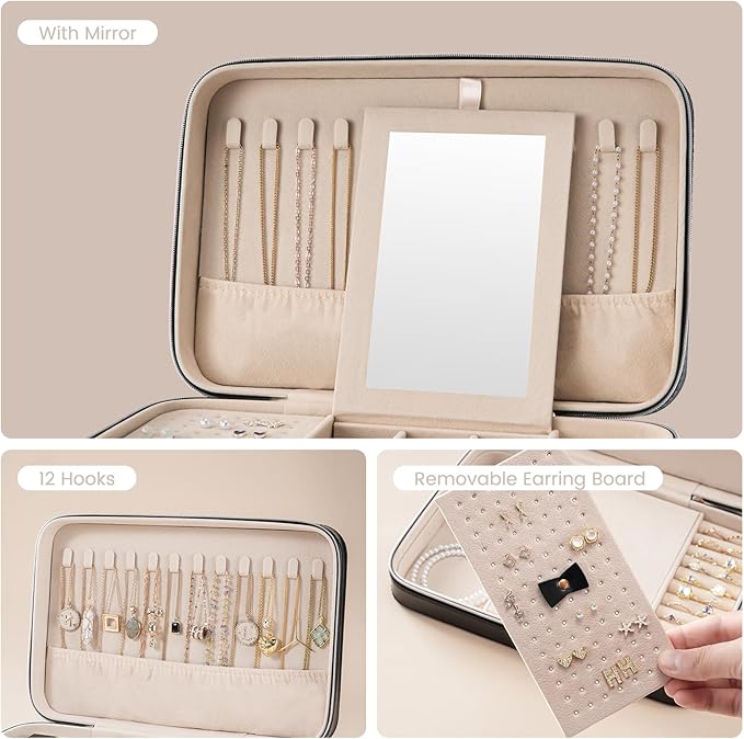 Lolalet Travel Jewelry Case for Women, Travel Jewelry Organizer Box with Mirror & Clear Storage Bag, Small Portable Traveling Earring Necklace Bracelet Ring Case, Bridesmaid Gifts -Large, Black