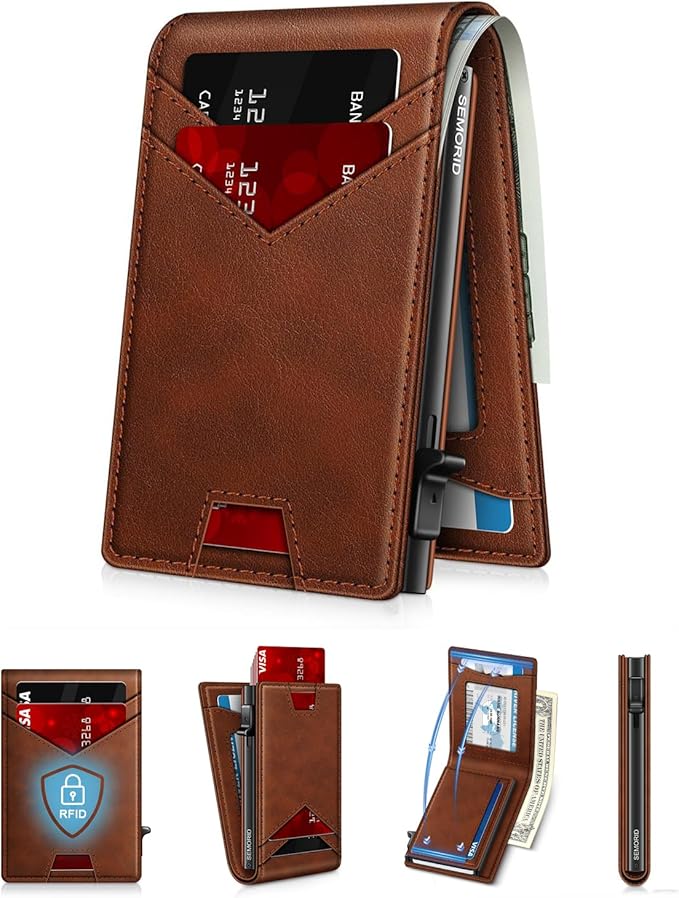 Wallet for Men Wallet with Slim Pop Up Card Holder for 12-14 Cards, RFID Blocking Bifold Minimalist Smart Wallet, Credit Card Holder with ID Window & Cash Slot, Compact Metal Card Case, Gifts for Men