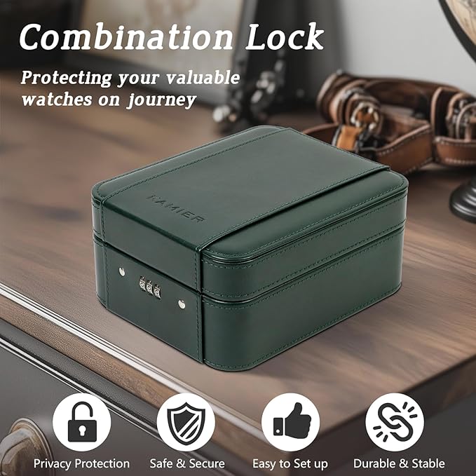 KAMIER Watch Case with Combination Lock - 4 Watch Storage and Jewelry Organizer - Watch Travel Case for Ring and Watch Storage, PU Leather Travel Watch Case, Ideal for Gift (With Gift Box), Green
