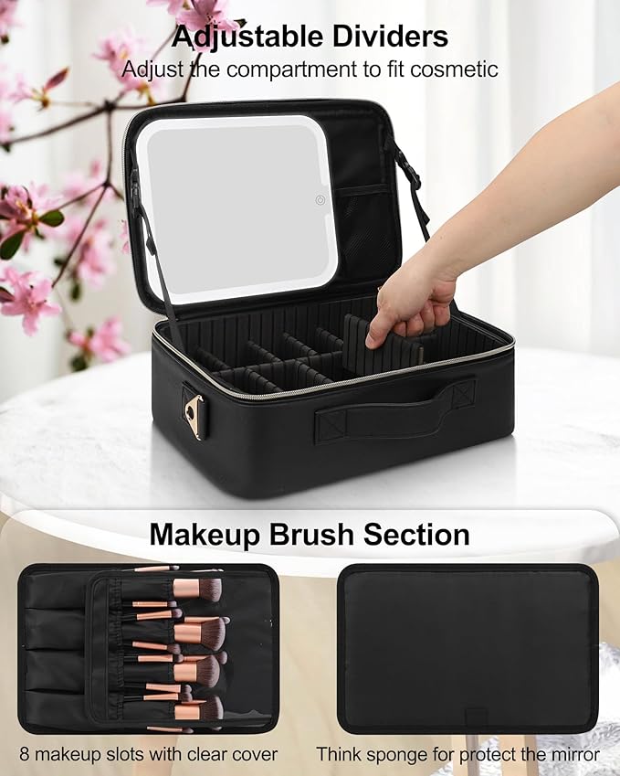 Chomeiu Makeup Bag with LED Mirror, Travel Cosmetic Train Case for Women, Makeup Artists Large Organizer Box with Vanity Light Up Mirror, 3 Color Lights, Adjustable Dividers & Shoulder Strap (Black)
