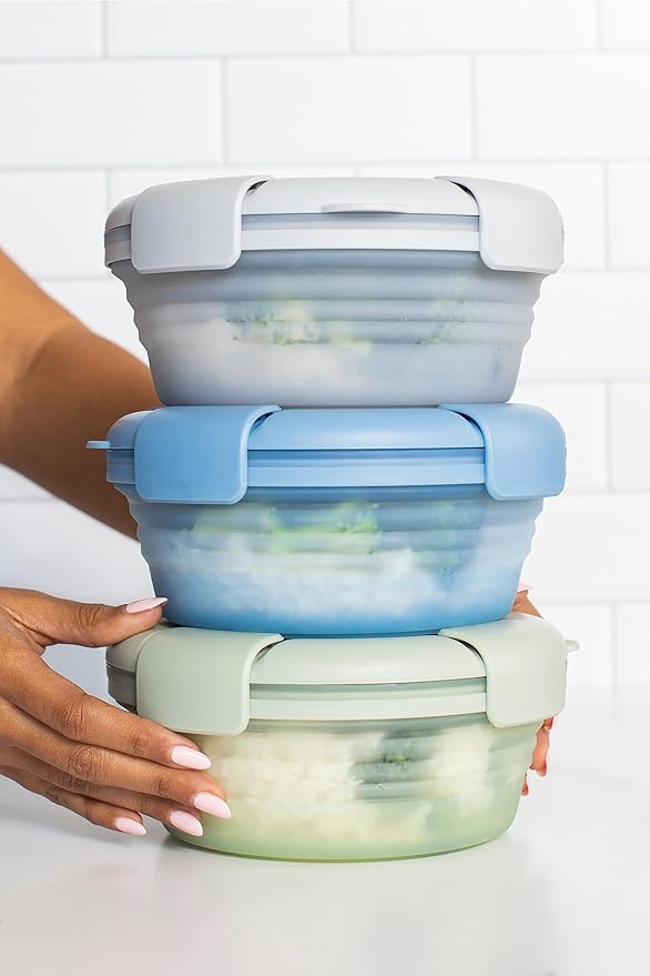 STOJO Collapsible Bowl 3 Set - Translucent Eucalyptus, 36oz - Reusable Silicone Bowl for Hot and Cold Food - Perfect for Travel, Meal Prep, To-Go Lunch, Camping & Hiking - Microwave & Dishwasher Safe