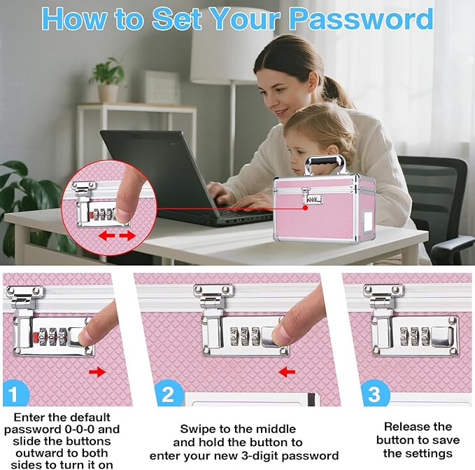 11 x 7 x 8.3 Inch Lockable Storage Box with Combination Lock, Portable Safe for Documents, Medicine, Cash & Valuables, Medicine Lock Box with Label Slot for Home, Office & Travel - Pink