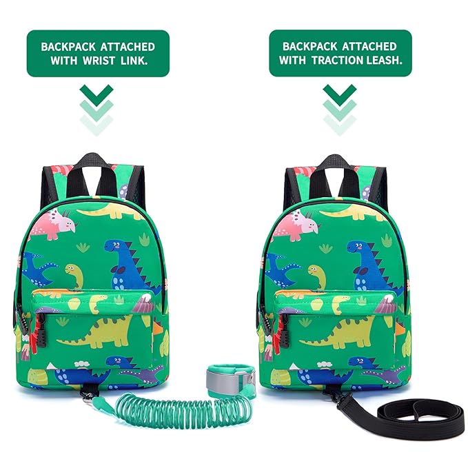 Accmor Toddler Backpack Leash with Anti Lost Wrist Link, Cute Mini Child Walking Harnesses Keep Kids Close Back Pack Rope Tether Rein for Baby Boys (Green/Dino)