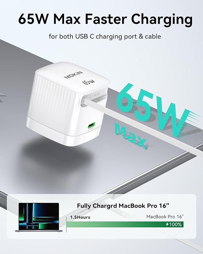 Retractable Wall Charger, 65W PD Fast USB C Charger Block with Retractable Type-C Cable, Travel Fast Charging Adapter with Foldable Plug for iPhone 16/15, MacBook Air, iPad Pro, Samsung, Pixel