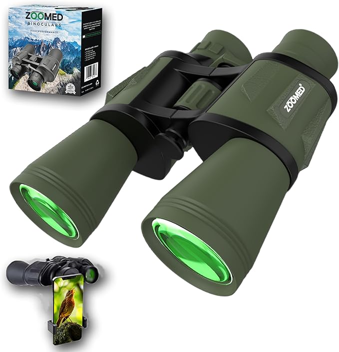 Binoculars with Phone Bracket Adapter, Militar, 20x50, Adults, High Power Waterproof with Low Light Night Vision for Hunting, Travel, Games, Bird, Carrying Case Strap.