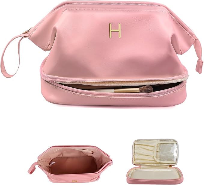 Gifts for Girls, Initial Large Makeup Bag, Personalized Double Layer Cosmetic Bag with Makeup Brush Organizer, PU Leather Travel Toiletry Bag Gift For Daughter, Preppy Things For Girls