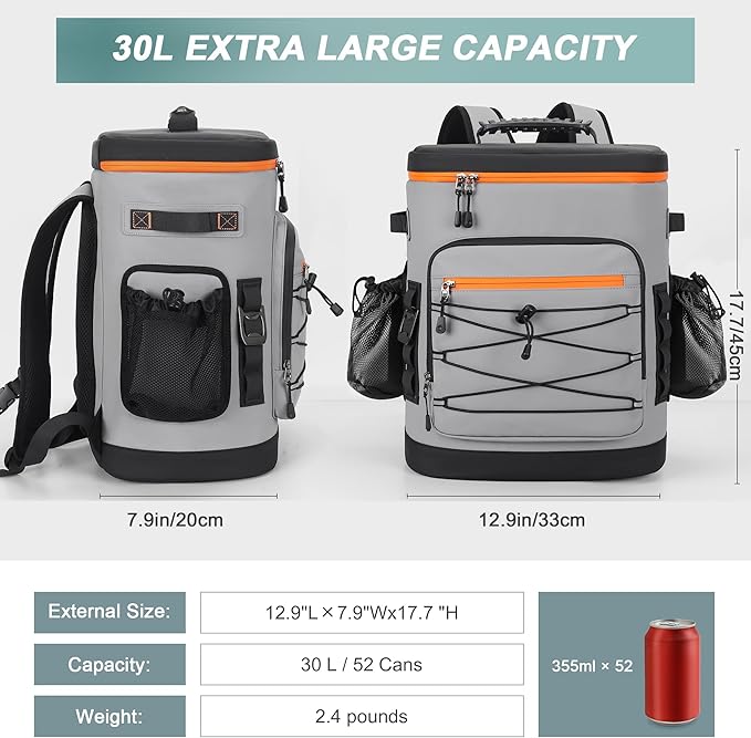 Large 52cans Cooler Backpack, Insulated, Waterproof, Leak Proof, 30L Large Capacity