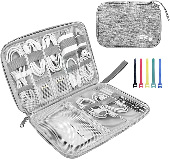 Electronics Organizer Travel Case,Electronic Accessories Storage Bag,Portable Waterproof Cable Organizer Bag,with 5 Cable Ties，for Travel,Work-Grey