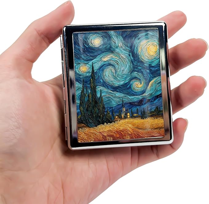 8‑Compartment Metal Pill Box Organizer – Portable Medicine Case 3″×2.6″ | Food‑Grade Dividers | Secure Snap Button Lid | Travel & Gift for Seniors (Starry Swirl in Wheatfield)