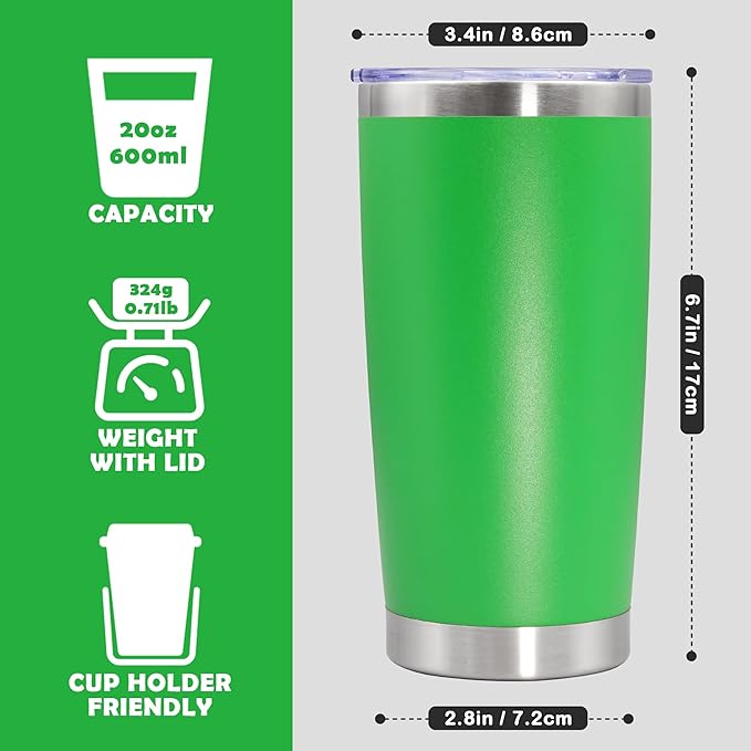 20oz Tumbler Stainless Steel Tumbler Cup with Lid Vacuum Insulated Double Wall Travel Mug, Durable Powder Coated Travel Coffee Tumbler Mug for Hot & Cold Drinks, Green,1 Pack