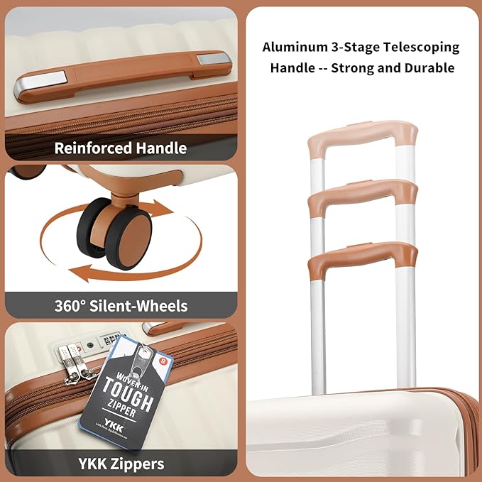 Lightweight Luggage with Spinner Wheels & YKK Zipper, 3-Piece Suitcase ABS+PC Hardside Luggage Set with TSA Lock for Women Men, Apricot Off White (20+24+28 inch)