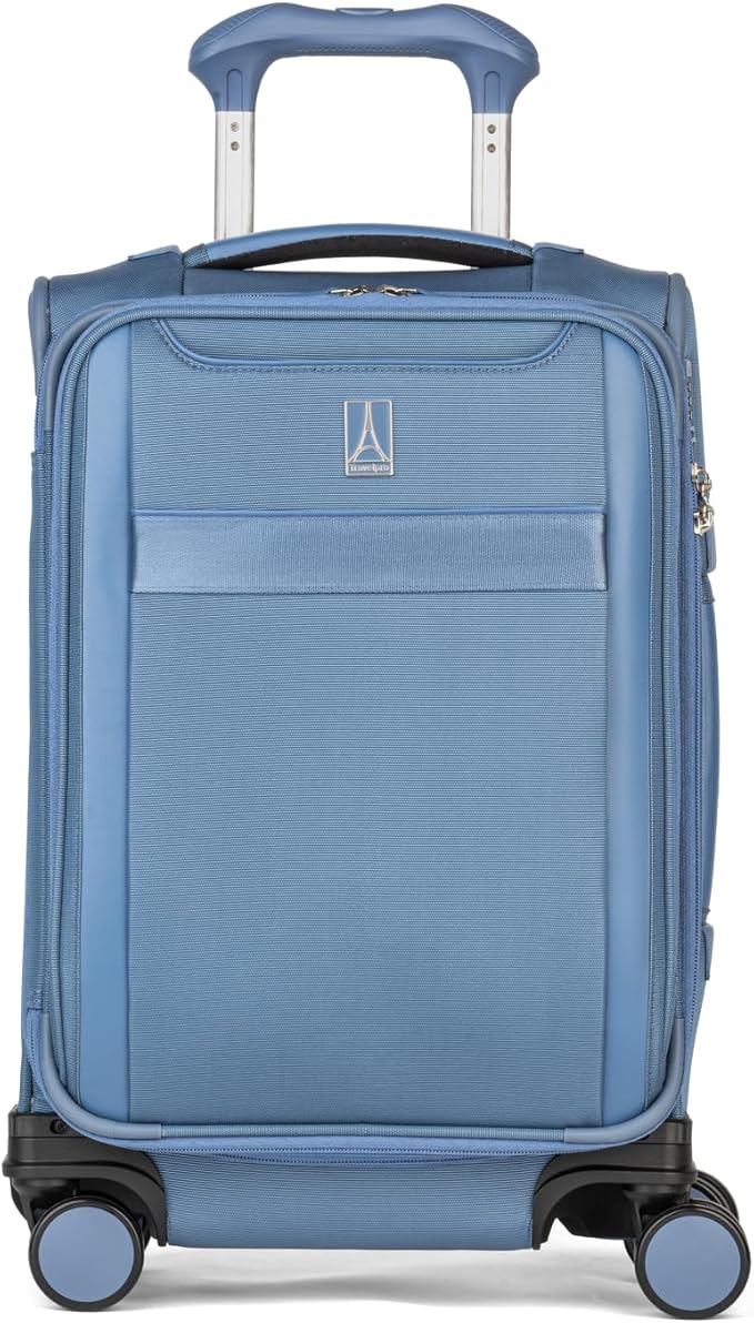 Travelpro VersaPack+ Lightweight Softside Expandable Carry on Luggage, 8 Spinner Suitcase, TSA Lock, Men and Women, Compact Carry On 20-Inch, Elemental Blue