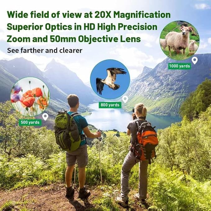 Binoculars for Adults 20x50 High Power Low Light Waterproof HD Compact Binoculars,BAK4 Prism FMC Lens for Bird Watching Hunting Travel Football Stargazing