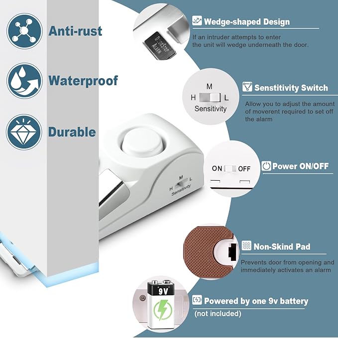 Fuers Portable Door Lock & Door Stop Alarm, Dual Protection Home Security Door Kit Door Stopper Self Defensey Tools for Hotel Travel Home