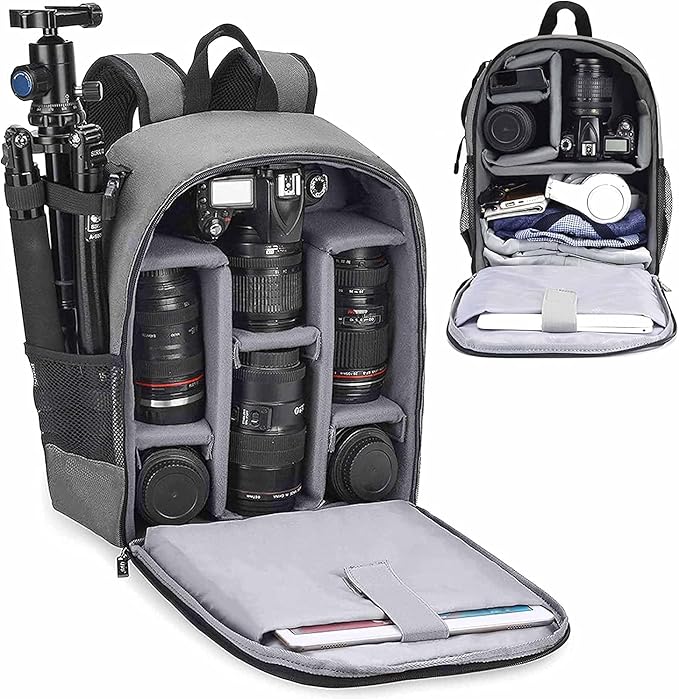 Cwatcun Camera Backpack Professional Camera Bag for Sony Canon Nikon SLR DSLR Mirrorless Camera and Lens Waterproof Camera Case with 14" Laptop Compartment, Tripod Strap Accessories (Ⅱ Small Grey)