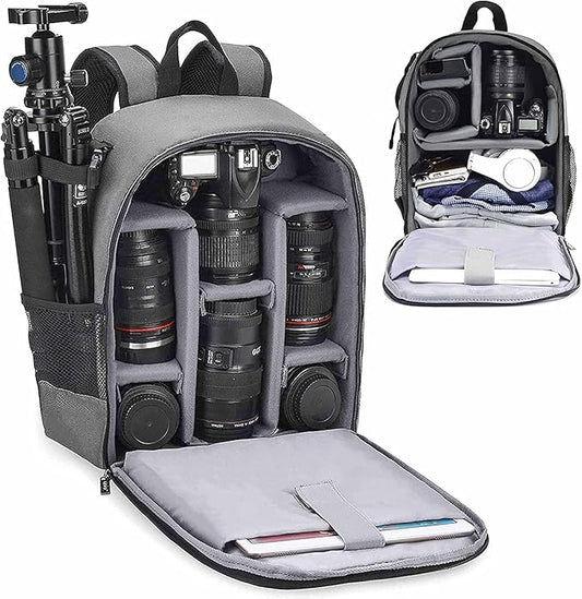 Cwatcun Camera Backpack Professional Camera Bag for Sony Canon Nikon SLR DSLR Mirrorless Camera and Lens Waterproof Camera Case with 14" Laptop Compartment, Tripod Strap Accessories (Ⅱ Small Grey)