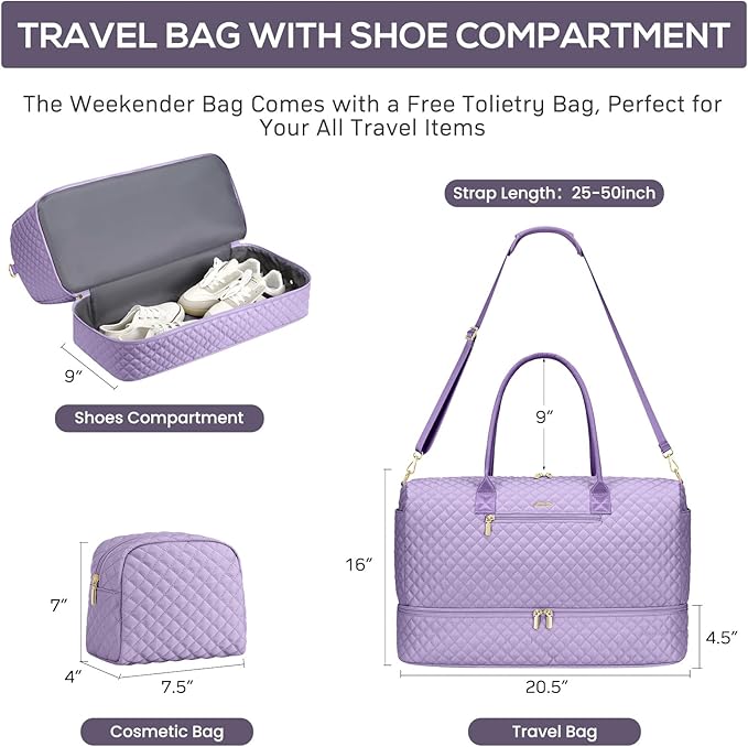 Travel Bag Weekender Bags for Women - Carry on Overnight Bag with Shoe Compartment Duffle Bag with Laptop Pocket Light Purple