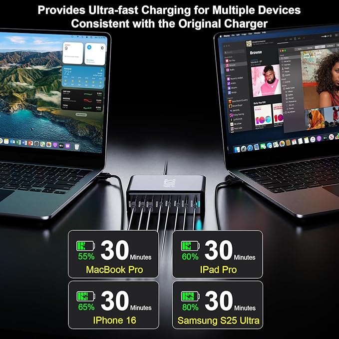 320W USB C Charger Block, 8-Port Fast USB Charging Station Hub PD 100W GaN Ⅲ Pro Charging Station for Multiple Devices, Laptop Charger Adapter Compatible with MacBook, DELL, iPad, iPhone, Samsung etc
