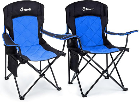 EMERIT 2 Pack Oversized Padded Camping Chair, 350LB Heavy Duty Quad Fold Chair with Arms, Collapsible Outdoor Chairs with Lumbar Back & Cup Holder