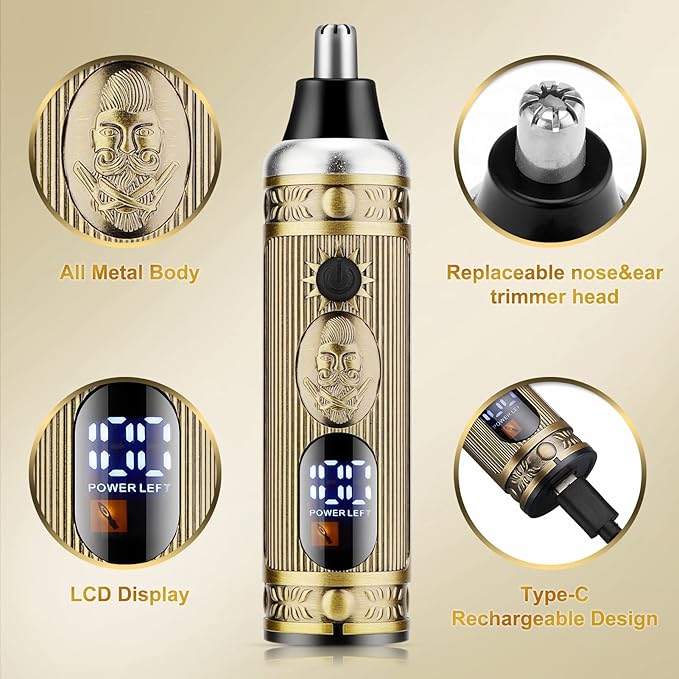 Hair Clippers for Men,Professional Cordless Barber Trimmer Set,Nose and Ear Hair Trimmer with Razor Replacement Head,USB Rechargeable Hair Cutting Grooming Kit-LED Display (Gold-1)