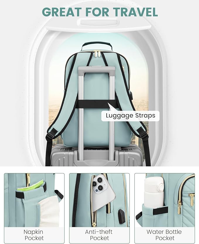 LOVEVOOK Laptop Backpack Purse for Women, Work Travel Computer Bags, College School Backpack for Student Girl, Quilted Casual Daypack with USB Port, Fit 15.6 Inch Laptop, Mint Green