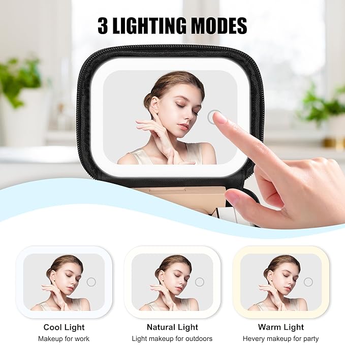 Relavel Mini Makeup Bag with Led Mirror, Small Cosmetic Bag with 3 Light Modes, Rechargeable Portable Makeup Pouch with Hands-Free Wrist Strap for Pool Parties丨Work Touch-Ups丨Travel - Black