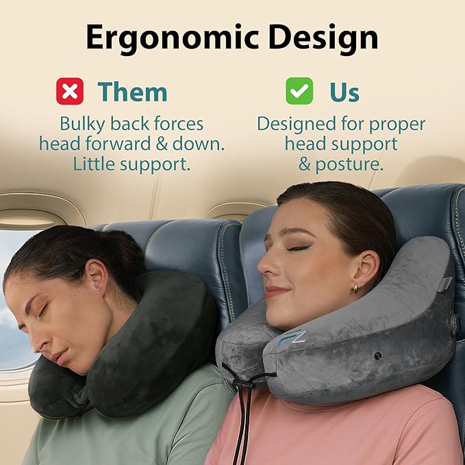 Air Inflatable Neck Pillow for Traveling on Plane - H-Shape Hooded Travel Pillow with 5 Snooze Modes, Fast Inflation, Pressure Control, Cozy Clip-On Hood & Plushy Cover - Size L, Silver Gray