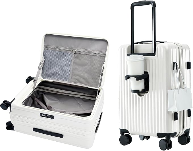 HotWay 24 Inch Expandable Carry On Luggage with Cup Holder, Hardside TSA Approved Luggage with Spinner Wheels, Top Opening Suitcase For Travel, White