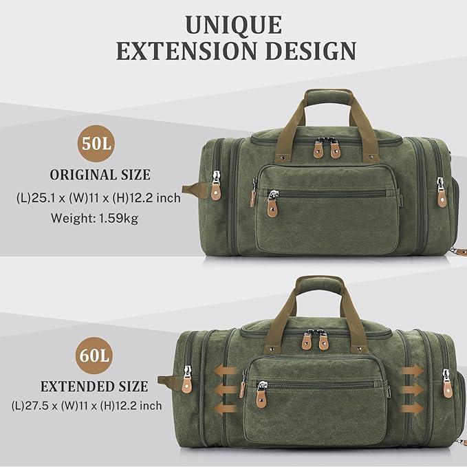 Gonex Canvas Duffle Bag 60L Travel Duffel Overnight Weekend Bag with Shoe Compartment (Army Green)