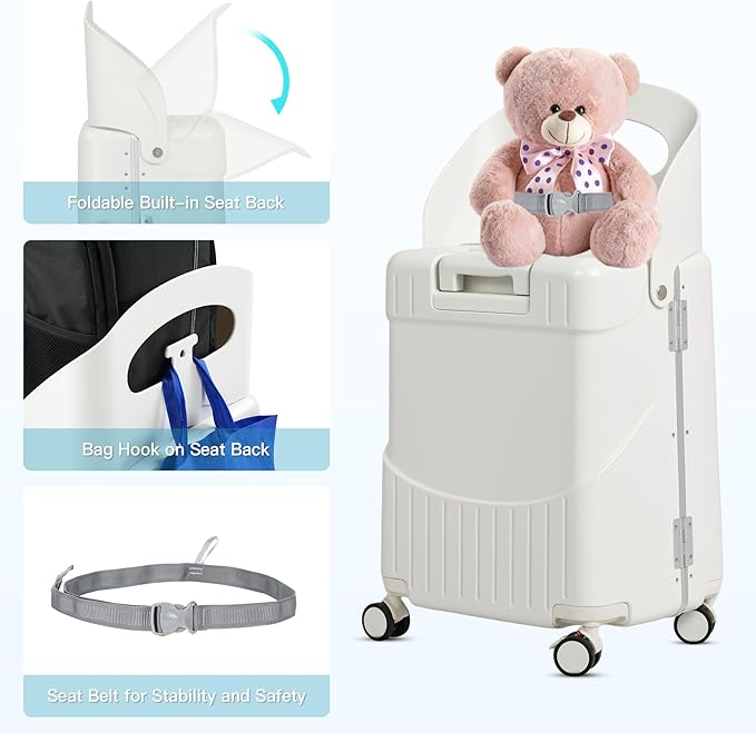 22" Ride On Luggage with Seat for Kids & Adults, Lightweight Hardside Ride-On Suitcase with Front Opening, TSA Lock, 360° Spinner Wheels (Matte White, 22-inch)