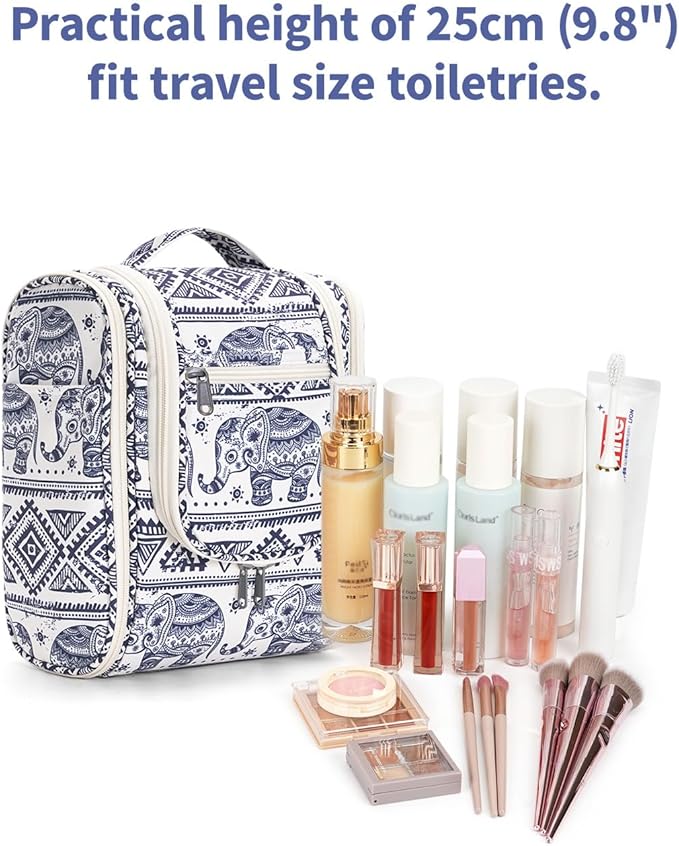 Narwey Small Hanging Toiletry Bag Women Travel Makeup Bag Organizer Toiletries Bag for Travel Size Essentials Accessories Cosmetics (Medium, Elephant)