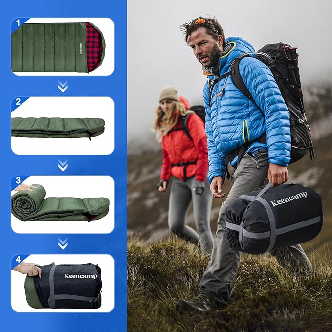 0 Degree Sleeping Bag Cotton Flannel Winter Cold Weather for Adults XXL Sleeping Bag 4 Season Big and Tall with Pillow Compression Sack