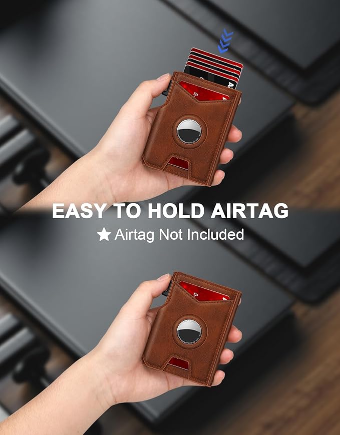 Airtag Wallet for Men, Minimalist Slim Mens Wallet Smart Pop Up Credit Card Holder for 9-13 Cards, RFID Blocking Wallet with ID Window & Cash Slot, Compact Bifold Metal Aluminum Card Case