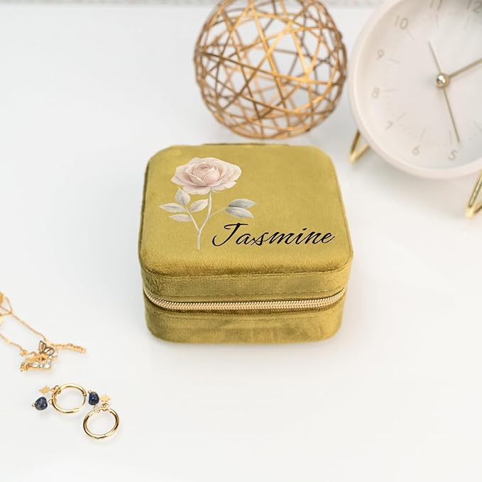 Custom Birth Month Flower Jewelry Box with Name, Plush Velvet Travel Jewelry Case Organizer, Personalized Birth Month Flower, Women's Favorite Things, Gifts For Daughter, Girlfriend, Mom and For Her