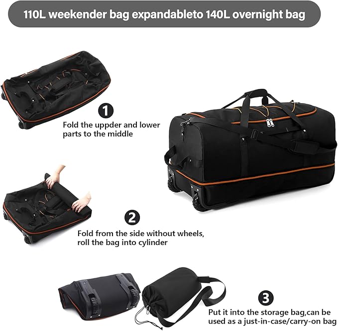 Vomgomfom 32" Soft-Sided Foldable Wheeled Travel Duffel Bag,Expandable 110L to 140L Rolling Cargo Bag with 2 Wheels and Multiple Pockets,Black-orange