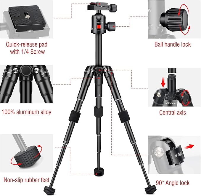 JOILCAN Mini Tripod for Camera, 21" Aluminum Desktop Tripod with 360° Ball Head, Portable Travel Tripods for DSLR Phone Projector, Load up to 15lb