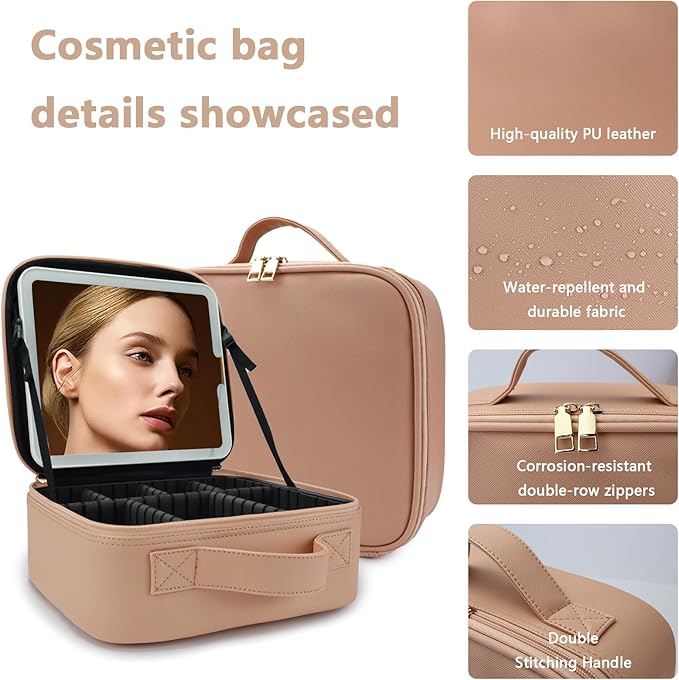 Travel Makeup Bag for Women and Makeup Artists Cosmetic Organizer Large Makeup Case,Travel Makeup Bag with Mirror 3 Color Setting,Portable Storage and Adjustable Dividers(khaki)