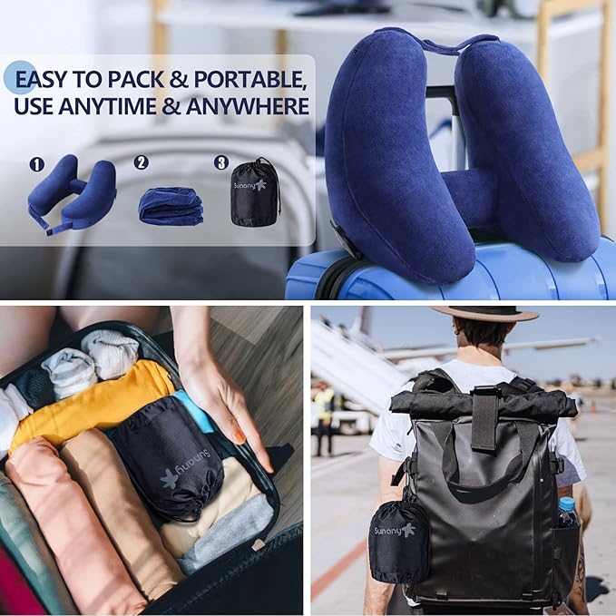 Sunany Neck Pillow for Travel Inflatable Airplane Pillow Comfortably Supports Head,Neck and Chin,Inflatable Travel Pillow with Soft Velour Cover,Hat,Portable Drawstring Bag (Blue)