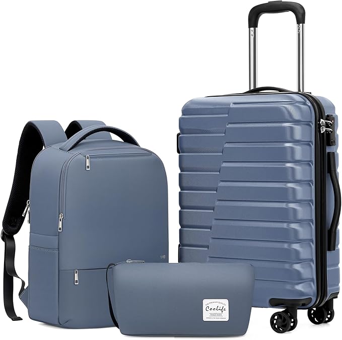 Coolife Luggage Sets 3 Piece, 20In Carry On Luggage with Spinner Wheels PC Hardside Suitcase Set with Travel Backpack (Blue, Backpack/TB/20)