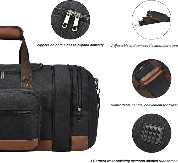Litvyak Duffle Bag for Travel, Large 60L Canvas Travel Duffel Bags Overnight Weekend Gym Carry On Luggage Bag for Men & Women(Black)