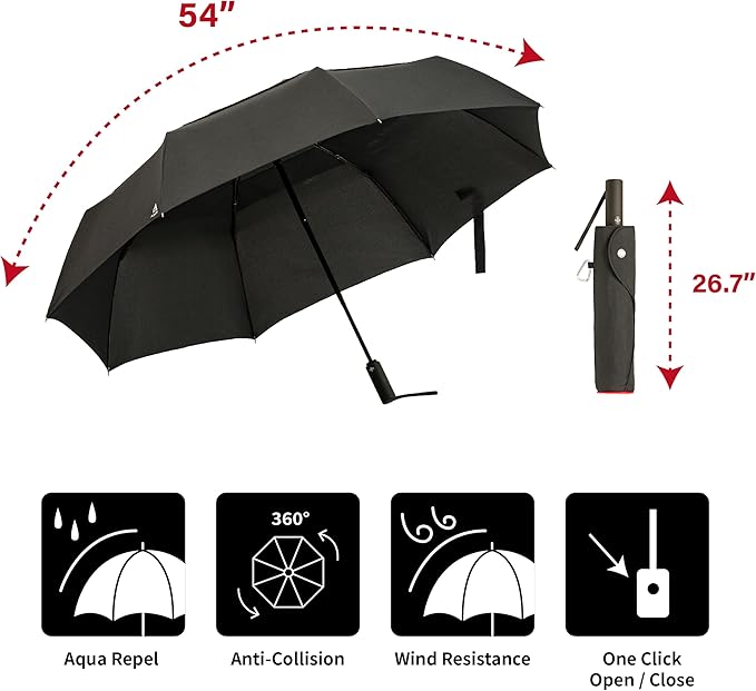 Portobello Large Umbrella For Rain - Big 54 Inch Double Vented Canopy, Folds Into Travel Size, Big Enough To Fit In 2 Adults, Heavy Duty, Sturdy, Windproof W/Auto Open Close