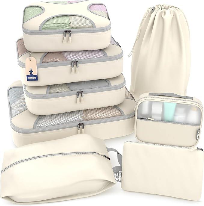 Shacke Premium 8 Packing Cubes Set - Lightweight Mesh Travel Luggage Organizers with Laundry Bag, 8-Piece Suitcase Storage System (Sand)