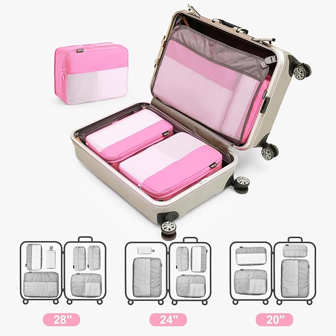 6 Set Compression Packing Cubes for Travel Essentials, Luggage Organizers for Suitcases (Light Pink)