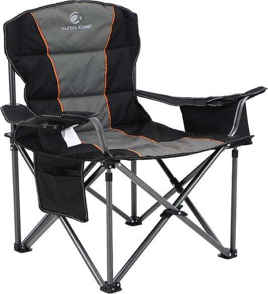 ALPHA CAMP Oversized Camping Folding Chair, Heavy Duty Support 450 LBS Steel Frame Collapsible Padded Arm Chair with Cup Holder Quad Lumbar Back, Portable for Outdoor