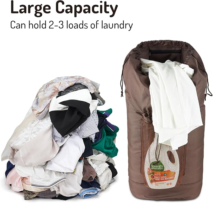 Large Laundry Backpack Bag with Detergent Holder and Adjustable Shoulder Straps, Clothes Laundry Backpack for College, Travel, Apartment, Laundromat, Dorm Room (Brown)