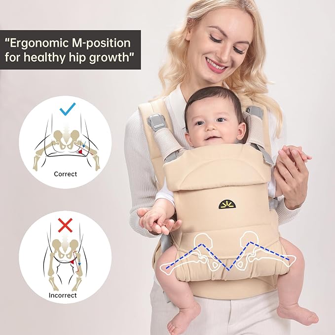 Baby Carrier for Newborns to Toddlers, Adjustable, Ultra-Soft and Weightless, Ergonomic Baby Carrier with Head Support, Baby Travel Gear, Baby Essentials (Beige),