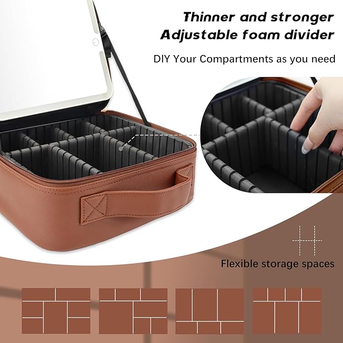 Makeup Bag with Led Mirror,Travel Makeup Organizer with 3 Color Setting, Portable Storage and Adjustable Dividers Travel Makeup Bag(Dark brown)